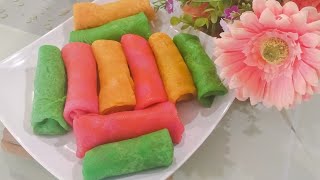 Resepi Kuih Ketayap berwarna warni tanpa telur. sukatan cawan