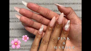 Baby Pink &amp; Marble Almond Nails | Polygel Nails | Safiya Jordan