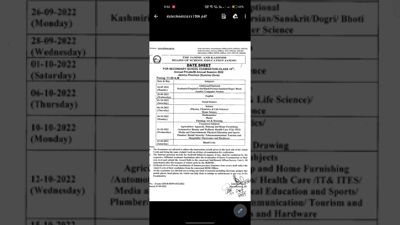 Date Sheet JKBOSE Private Bi-Annual 10th Jammu Province (Summer Zone) 