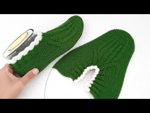 İki Şişle Dikişsiz Tekstil Tipi Lastik Desenli Kolay Patik Çorap Yapılışı ~  Easy Knitting Slippers