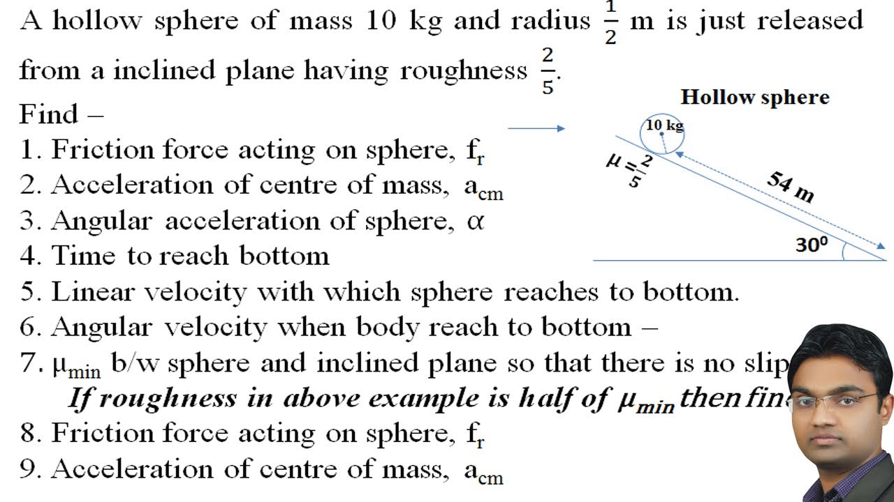 A hollow sphere of mass 10 kg and radius 1/2 m is just released from a inclined plane having