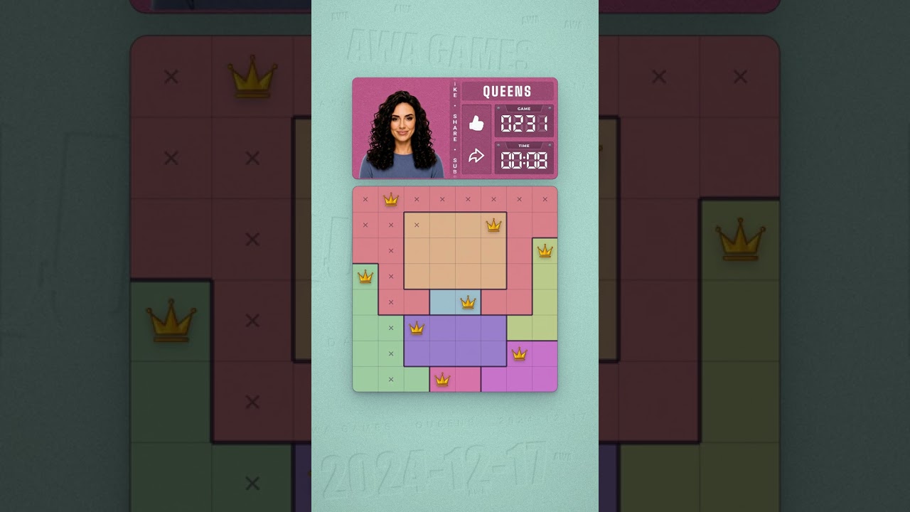 LinkedIn Queens #231 solved board for December 17, 2024, 8x8 grid