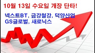 넥스트BT, 금강철강, 덕양산업, GS글로벌, 새로닉스 종목으로 10월 13일 수요일 시장에서도 수익신화를 이어가자! 상승에너지가 강한 갭상승 종목입니다.