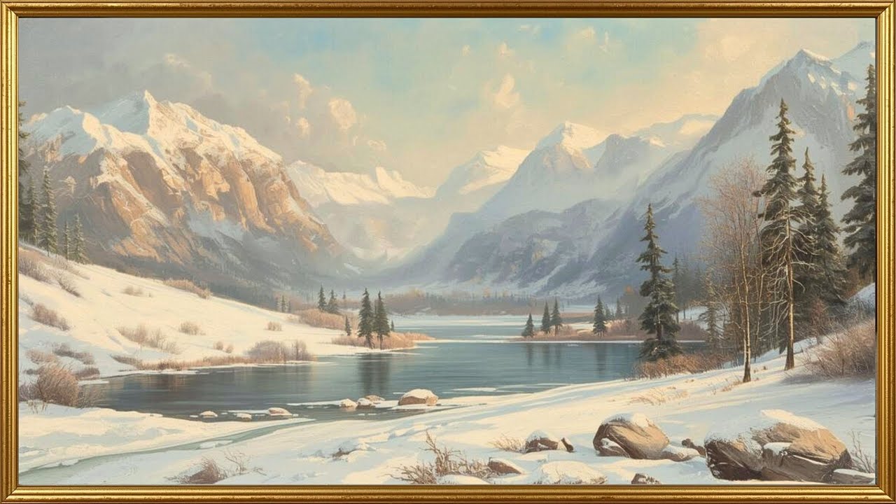Dusty Blue Mountain Lake – Luxury Winter Screensaver 4K | Serene Home Décor Art