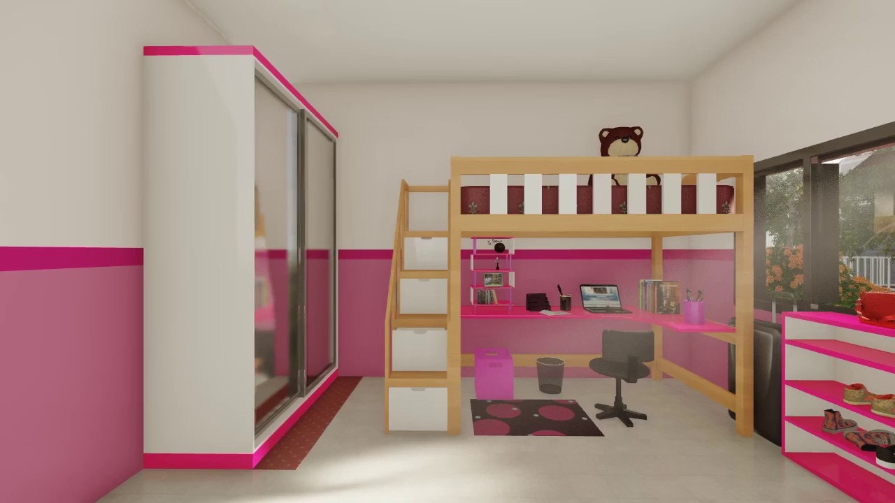  Desain  kamar  anak dengan kasur tingkat dan meja  belajar  