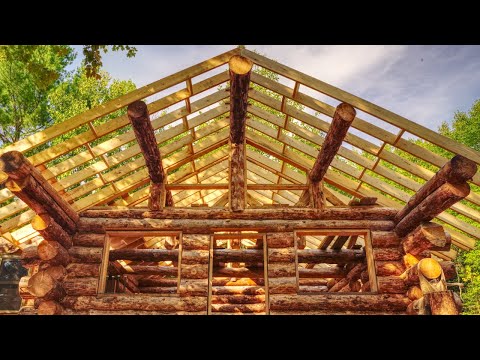 Building an Off Grid Log Cabin Alone in the Wilderness, Ep20, Roof Framing is Finished