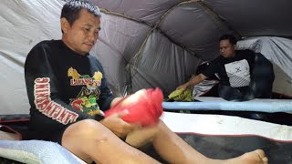 Camping was hit by heavy rain all day resulting in flooding, building a shelter near the waterfall