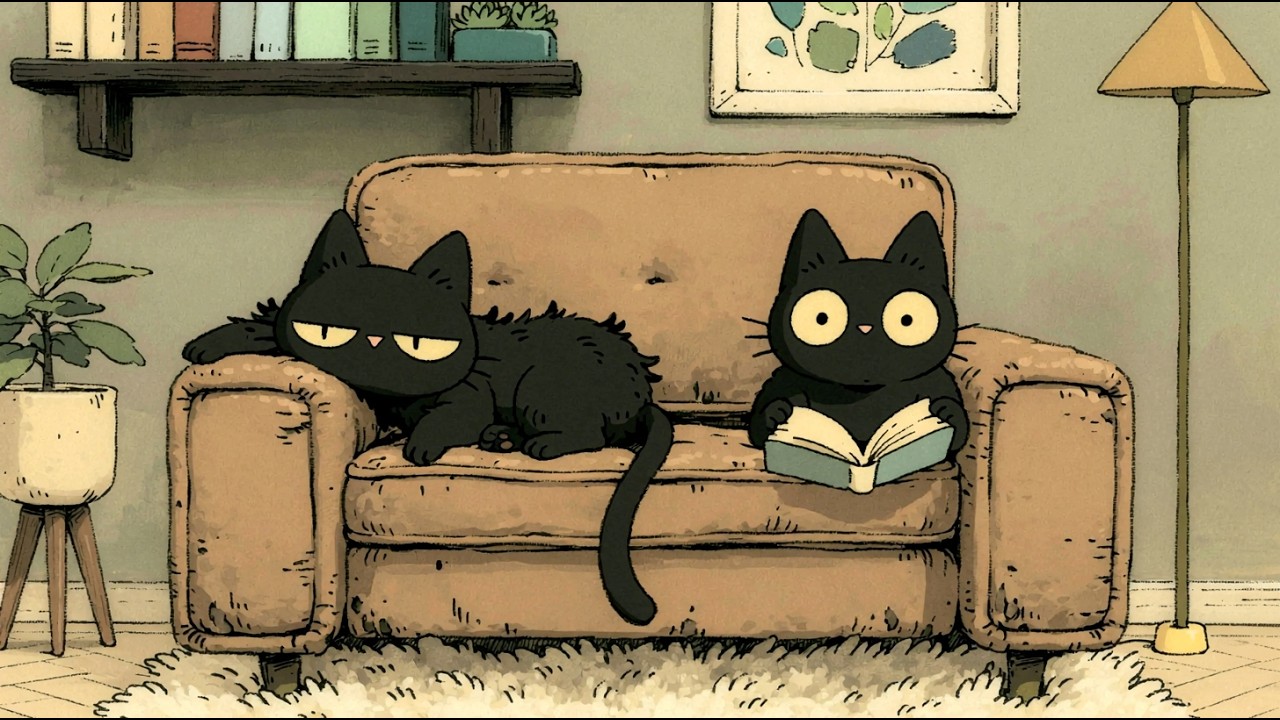 Cat Jazz Relax | Black Cat Reading in a Cozy Living Room | Smooth