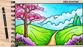 Nature drawing easy scenery landscape beautiful painting oil pastel
village draw...