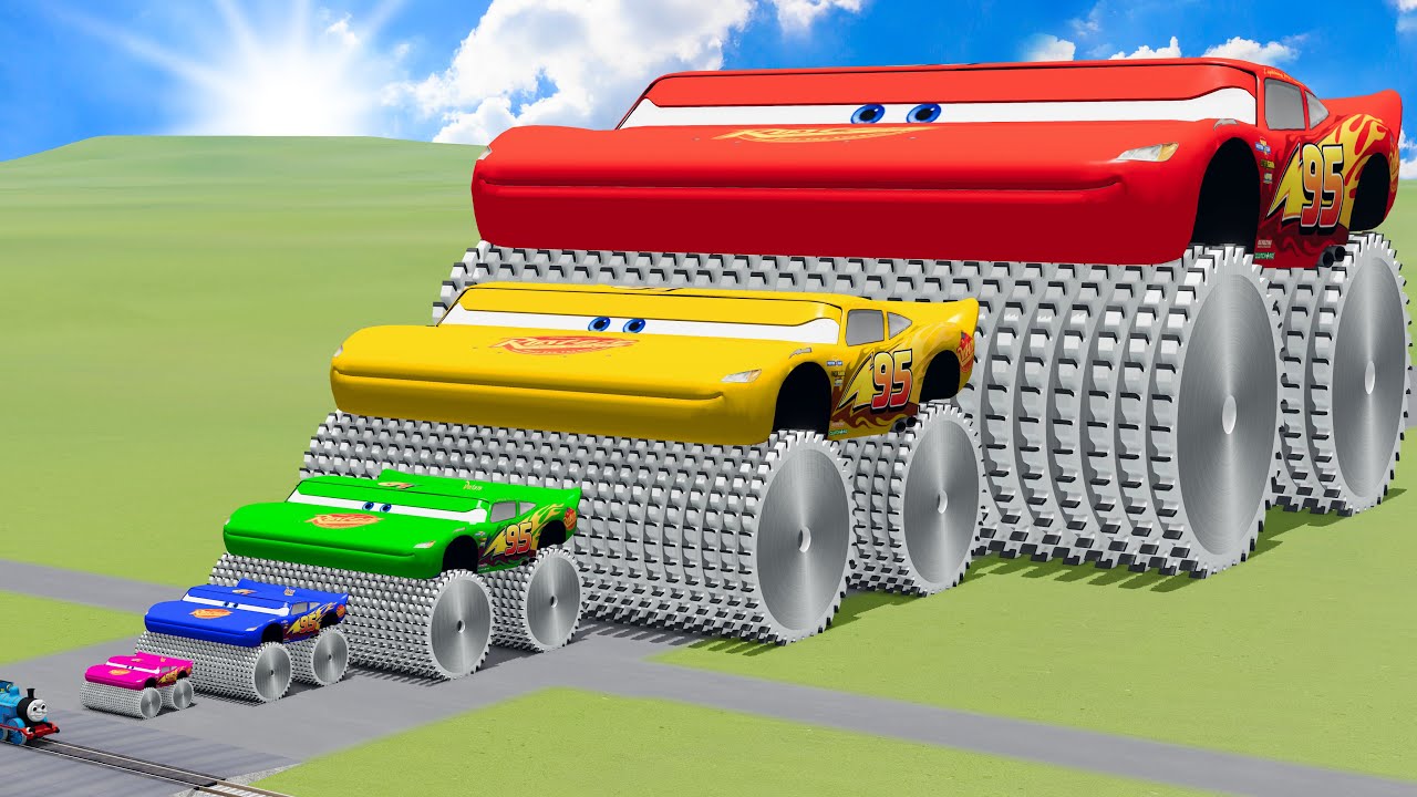 Big & Small Colors McQueen Wide with Monster Saw wheels VS Train | BeamNG.drive