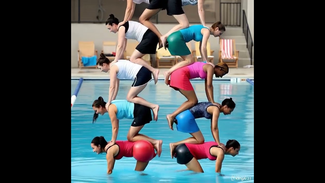 10 person tower of women in the pool 
