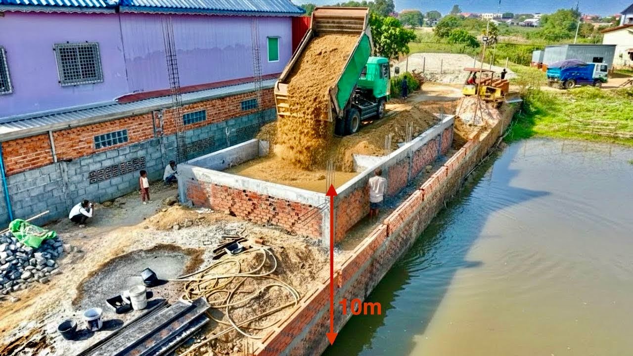 Start Opening New Project!! Bulldozer KOMAT'SU D20P pushing Soil into Home Foundation​& 5Ton Trucks.