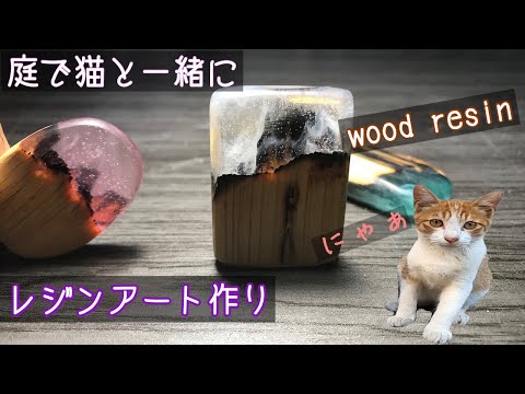 庭で猫と一緒に趣味を楽しむレジンアート作り - YouTube