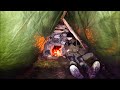 Building a warm bushcraft shelter with a stone fireplace inside  winterbushcraftcamping