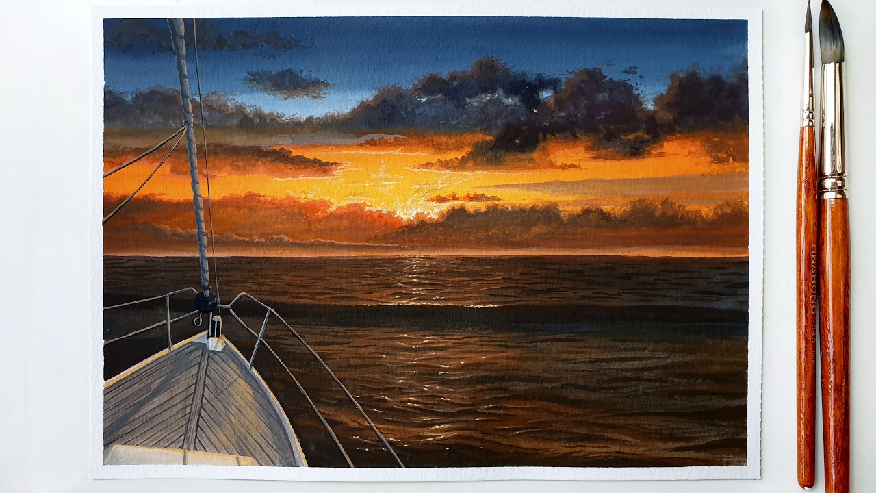Sunset Ocean Painting with Gouache