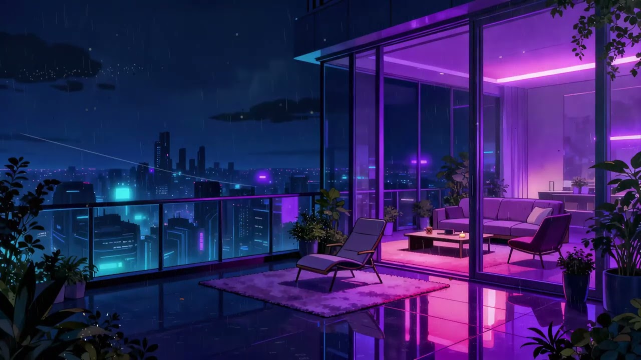 Midnight Neon Balcony 🌃🌧️ Lofi Rain & Futuristic City Night Ambience | 4K
