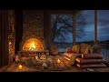 Cozy room lakeside with relaxing jazz  heavy rain fireplace sounds white noise asmr sleep 4k