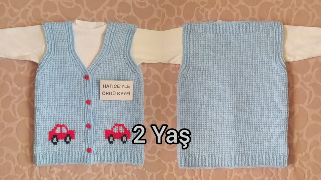 Araba Süslemeli Çocuk Yeleği Yapımı 2 Yaş Kolay Basit Güzel Tunus İşi Bebek Örgü Kazak Süveter Tarif