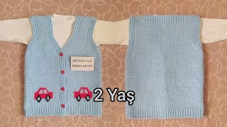 Araba Süslemeli Çocuk Yeleği Yapımı 2 Yaş Kolay Basit Güzel Tunus İşi Bebek Örgü Kazak Süveter Tarif