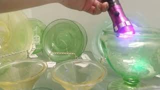 Mall booth of Vaseline Glass, Glowing Glass. Green & Yellow Glowing #reseller #glass #antique