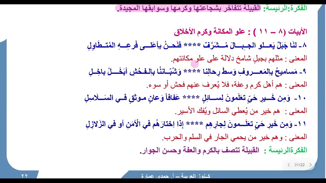 قصيدة من يعدل الأذنــاب بالـــــذرا | شرح اﻷبيات | الصف الثاني عشر