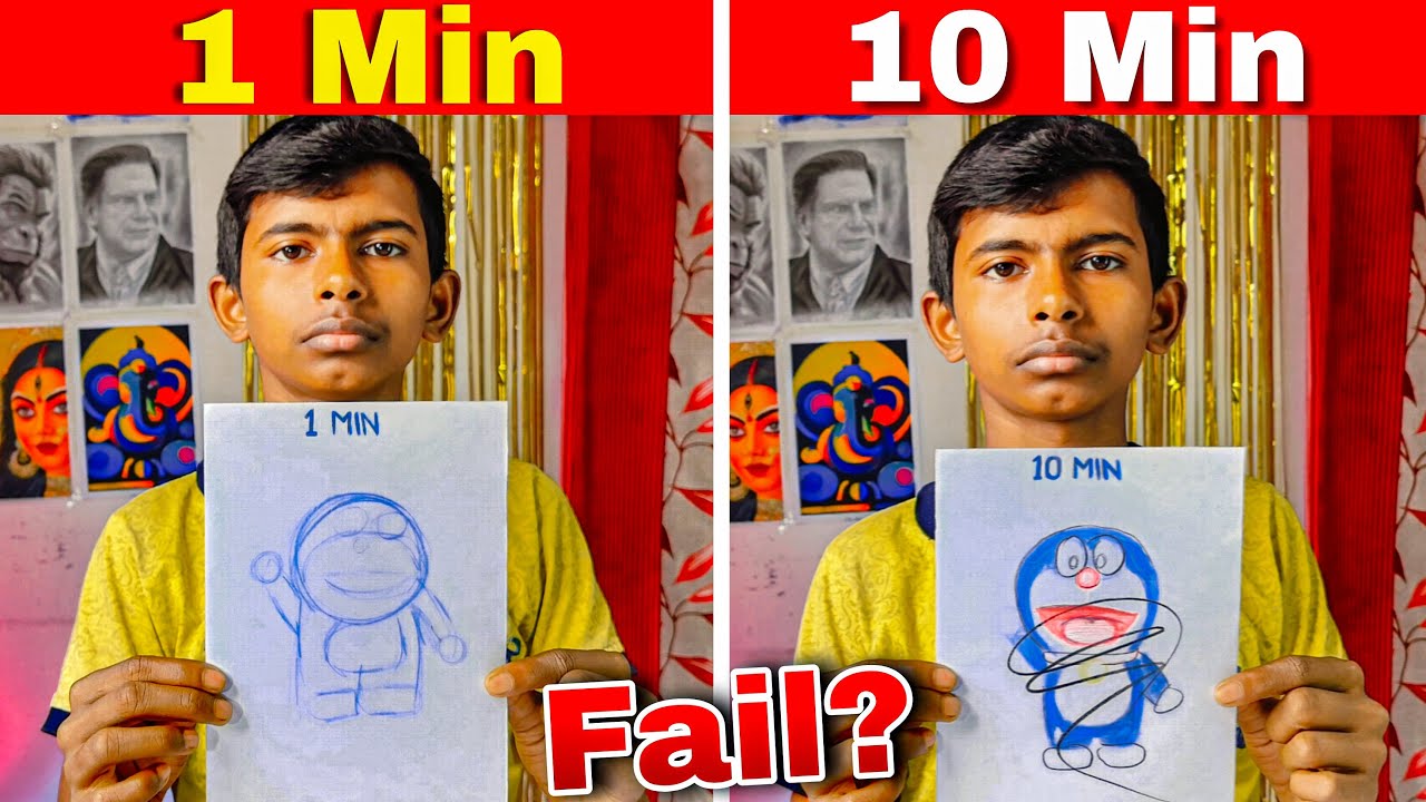1 Min VS 10 Min Drawing Challenge, How to Draw Doraemon Drawing | Day - 15 |