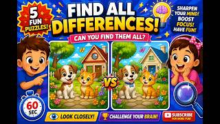 Find All the Differences! 🕵️ 5 Fun Spot the Difference Puzzles for Kids  60 Second Brain Challenge