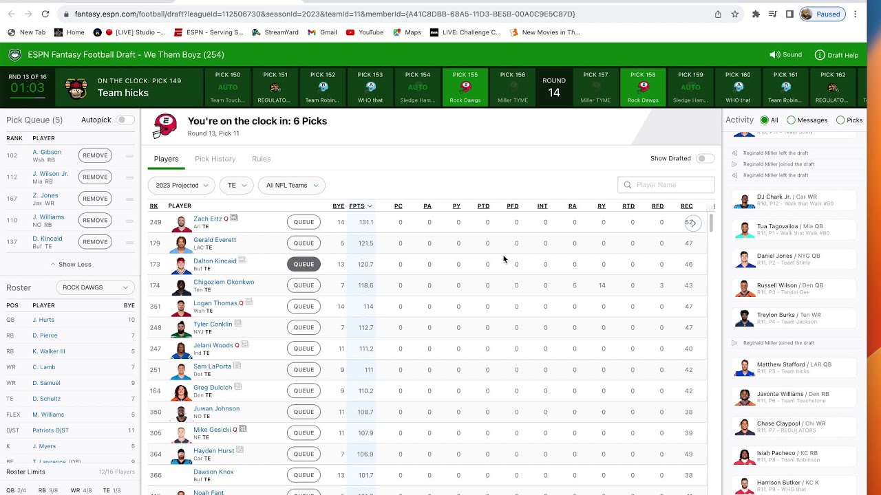 mock fantasy football draft espn