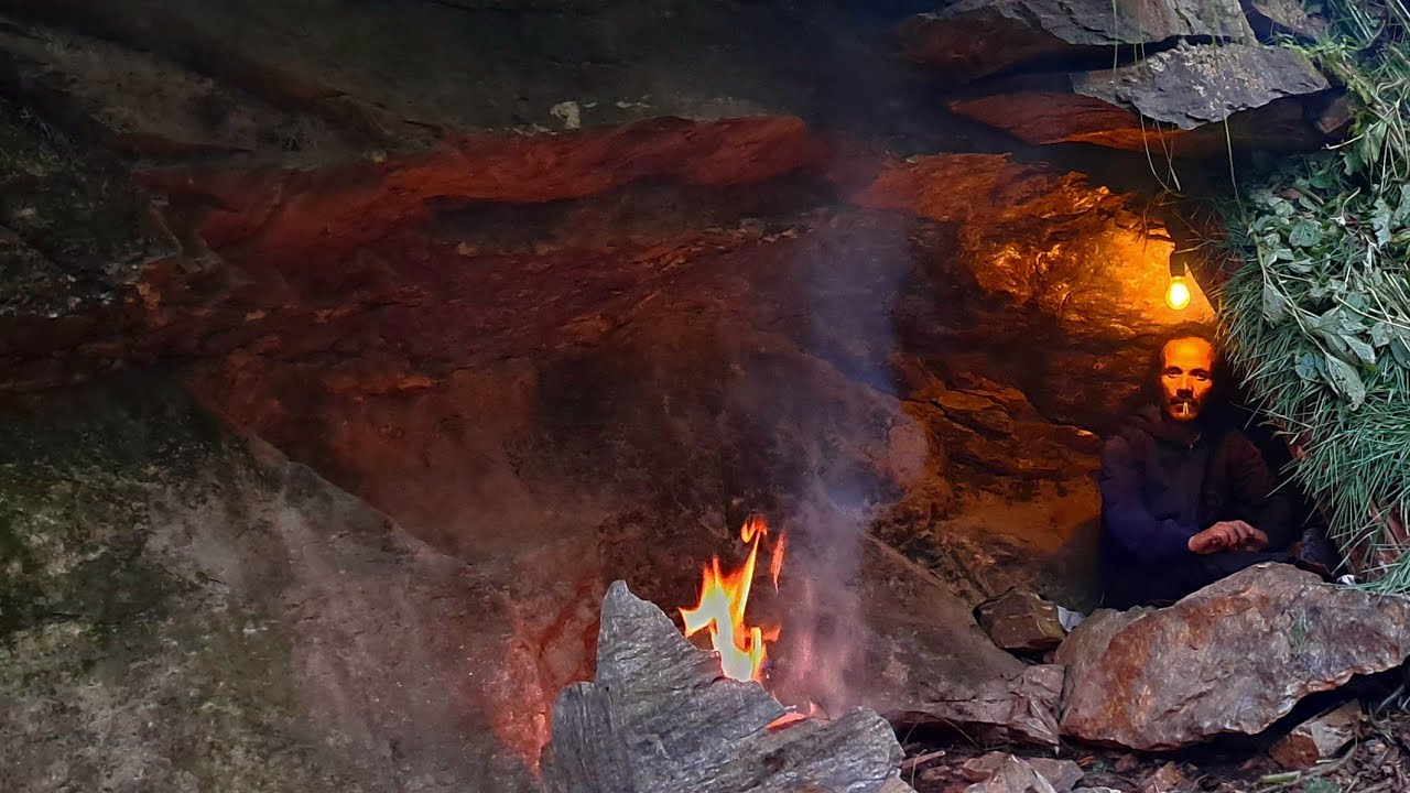 Solo Bushcraft Camping in the Woods, Building a hidden Survival Shelter ...
