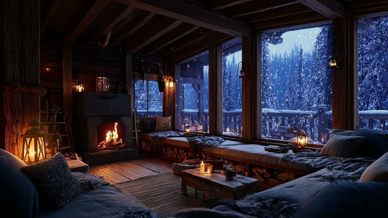 Warm Wooden Cabin at Night 🔥 | Snowfall and Fireplace Sounds for Deep Rest (NO ADS)