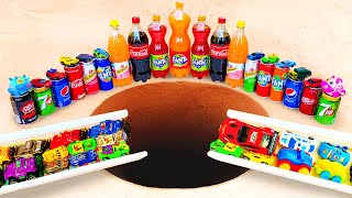 Racing Cars vs Trucks and Slide  Experiment: Coca Cola, Fanta, Mirinda, Pepsi vs Mentos Underground