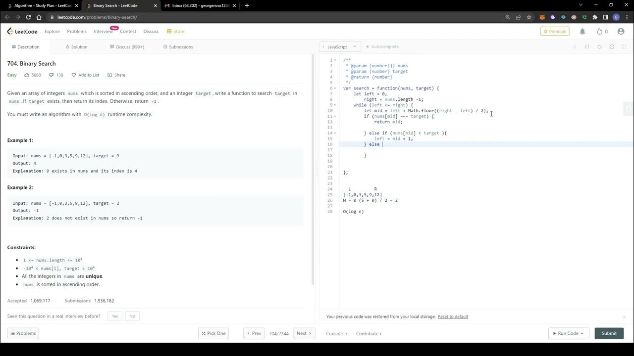 704 Binary Search LeetCode (Google Interview Question) JavaScript - YouTube