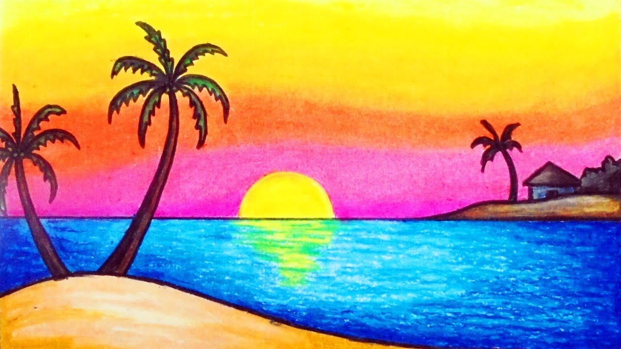 How to Draw Simple Scenery for Beginners | Drawing Sunset Scenery - YouTube