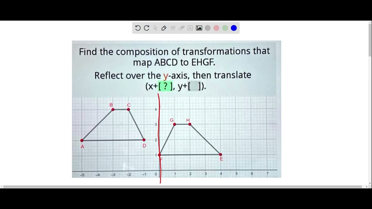Find the composition of transformations that map ABCD to EHGF. Reflect over the Y-axis, then transl…