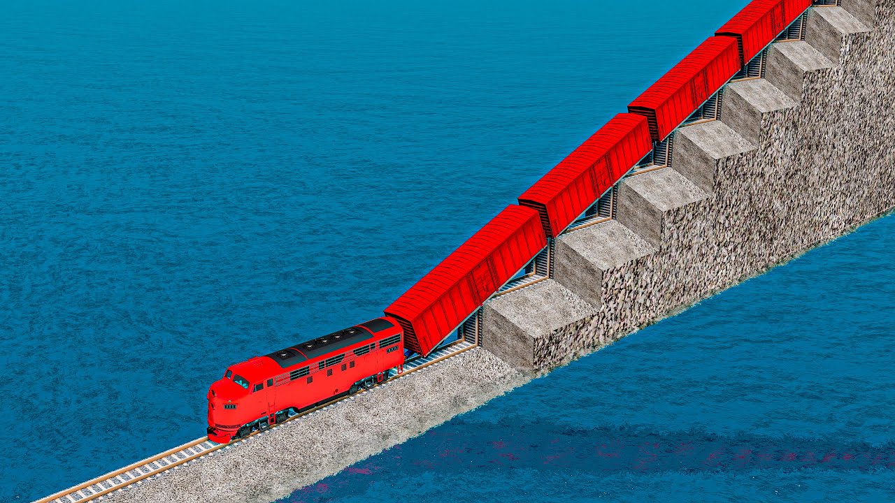 Colorful Train Vs Stairs Impossible Weird Rail Track Crossing Deepwater in BeamNG.drive