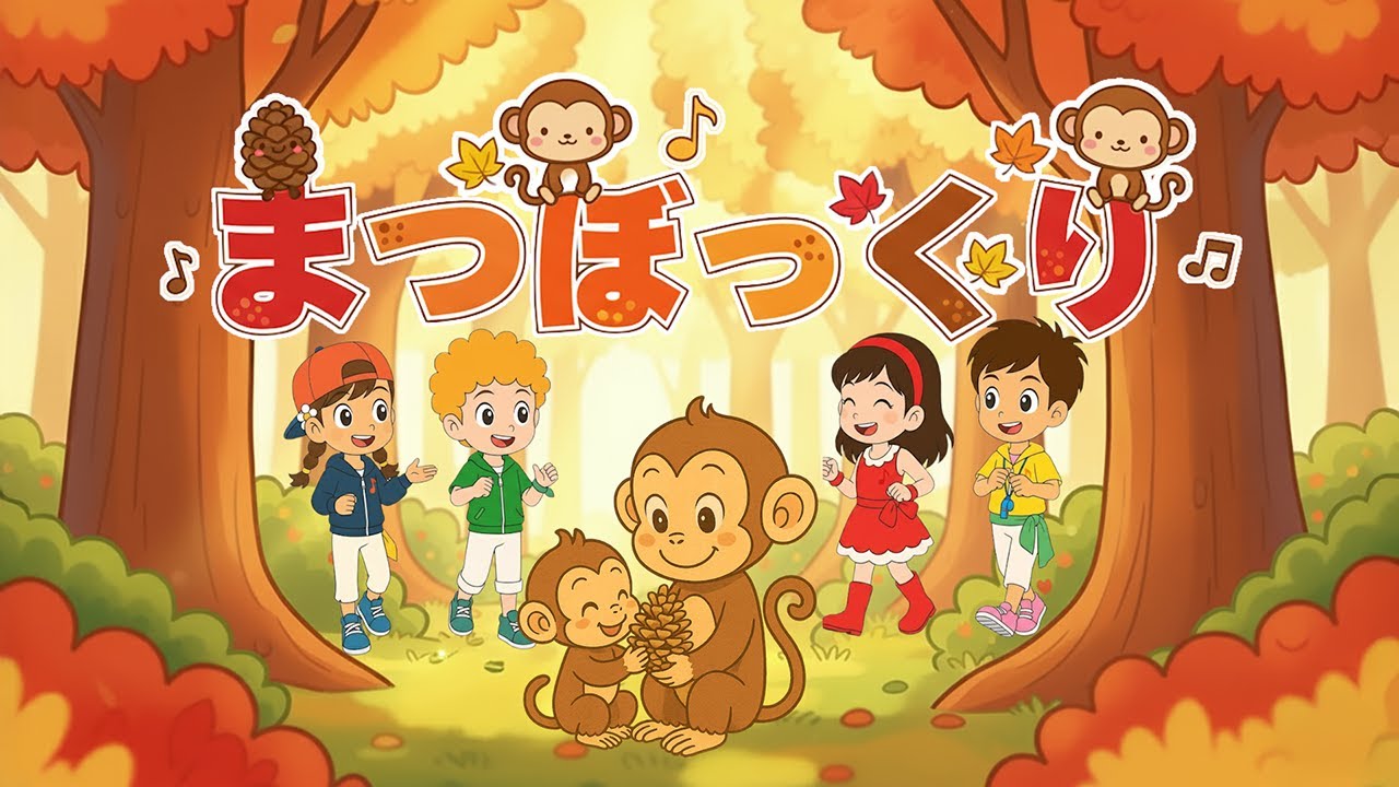 🍁まつぼっくり（歌詞付き）🎶秋の童謡 おんがくキッズとサルの親子が