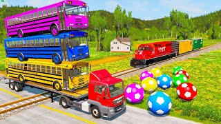 Double Flatbed Trailer Truck rescue Bus - Cars vs Stairs Colors - Cars vs Monster Trucks
