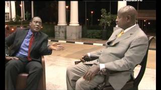 President Yoweri Museveni on the bench with Jeff Koinange