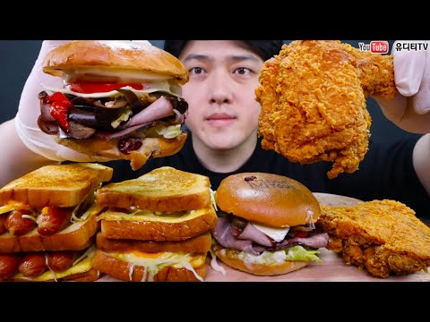 ASMR 맘스터치 신메뉴 리얼비프버거 &amp;amp; 후라이드통다리 &amp;amp; 이삭토스트 신메뉴 트리플소세지 &amp;amp; 새우토스트 먹방 <strong>NEW</strong> HAMBURGER &amp;amp; CHICKEN <strong>MUKBANG</strong>