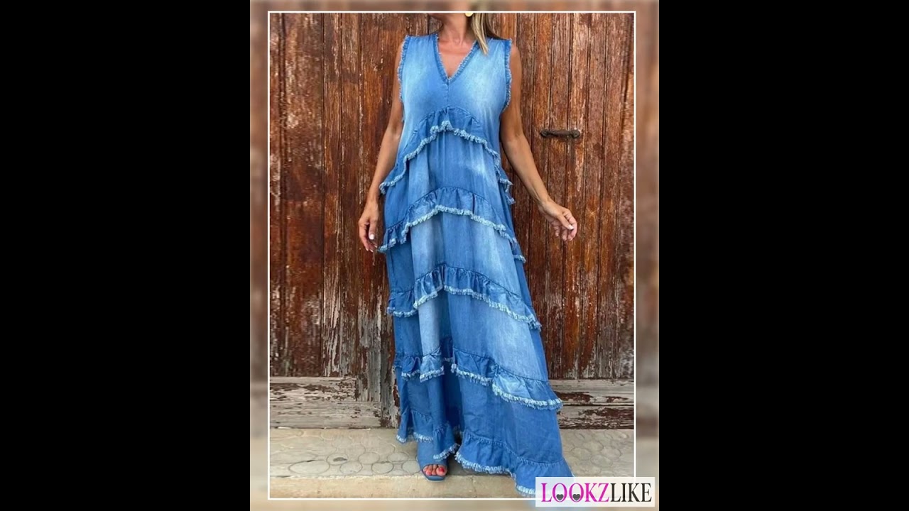 Raw Hem Layered Denim Maxi Dress