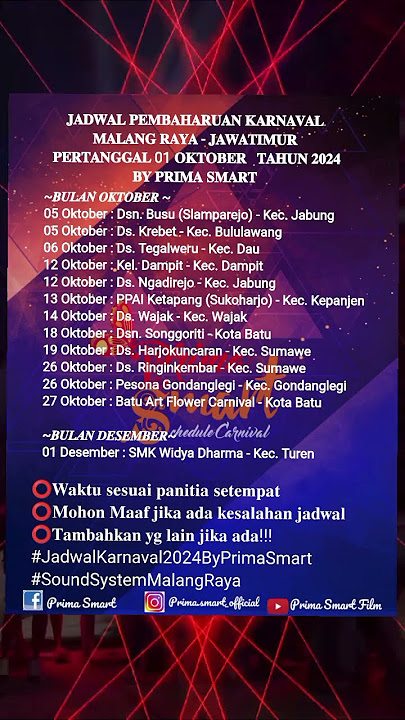 Jadwal Karnaval Terbaru Malang Raya || 01 Oktober 2024