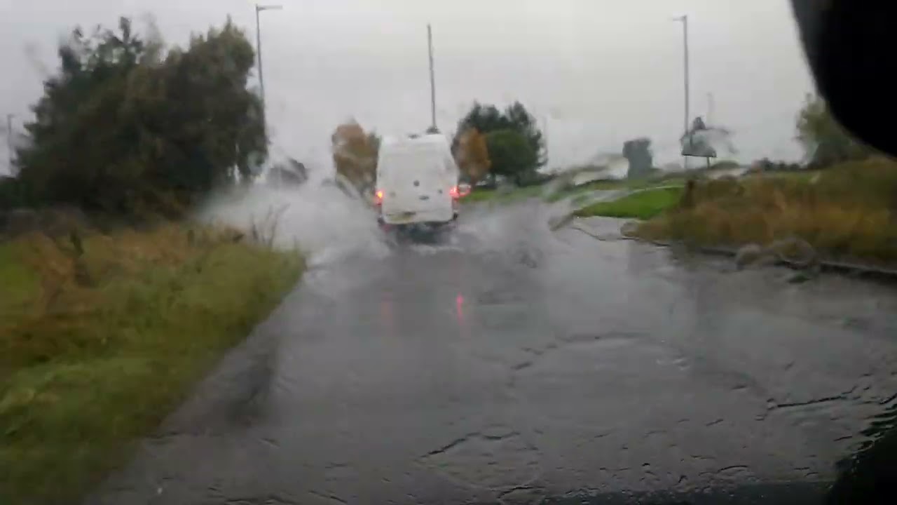 Flooding on A905 at Bellsdyke roundabout, Falkirk, Scotland UK