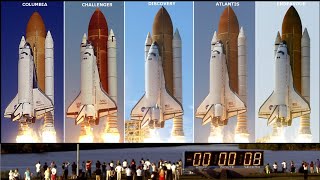 Space Shuttle launches: Columbia, Challenger, Discovery, Atlantis, and Endeavour