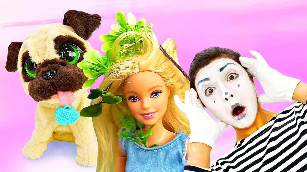 Funny videos & kids show: Barbie doll playing with a dog