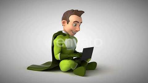 Fun 3D cartoon superhero typing on a laptop | Motion Graphics - Envato elements
