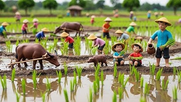 Tiny Clay Farmer Leads Buffalo Through Mud – Realistic Mini Rice Field Crafting