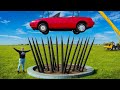 Car vs giant spike trap from 150ft