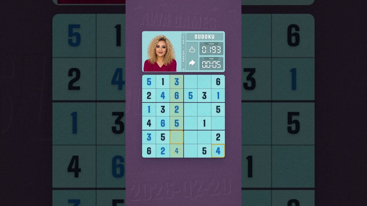 LinkedIn Mini Sudoku #193 solved board for February 20, 2026, 6x6 grid
