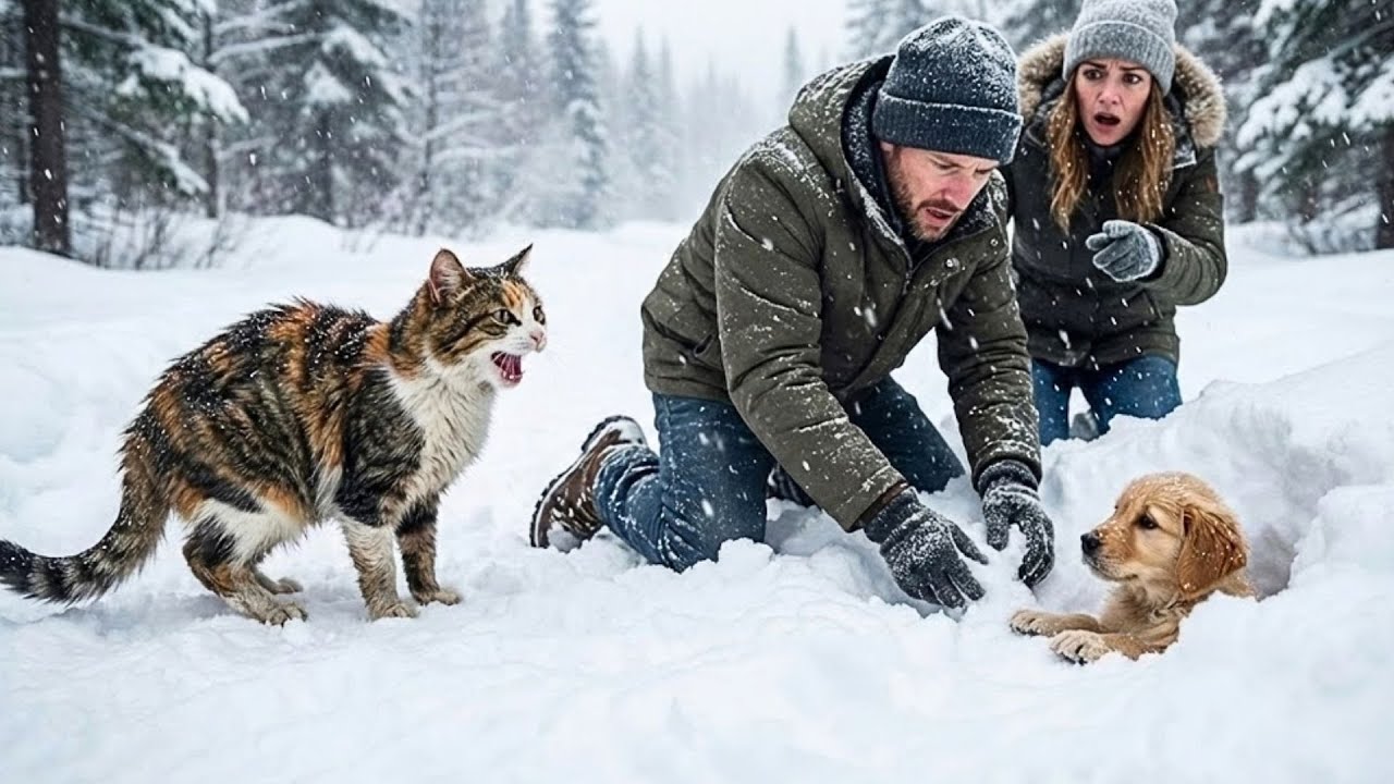 Mother Cat Meows Desperately At People – Leading Strangers To A Puppy Buried In The Snow.
