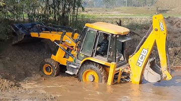 JCB Backhoe Loader - Blocking Water in Small River - Working For Bridge Construction - Dozer Video